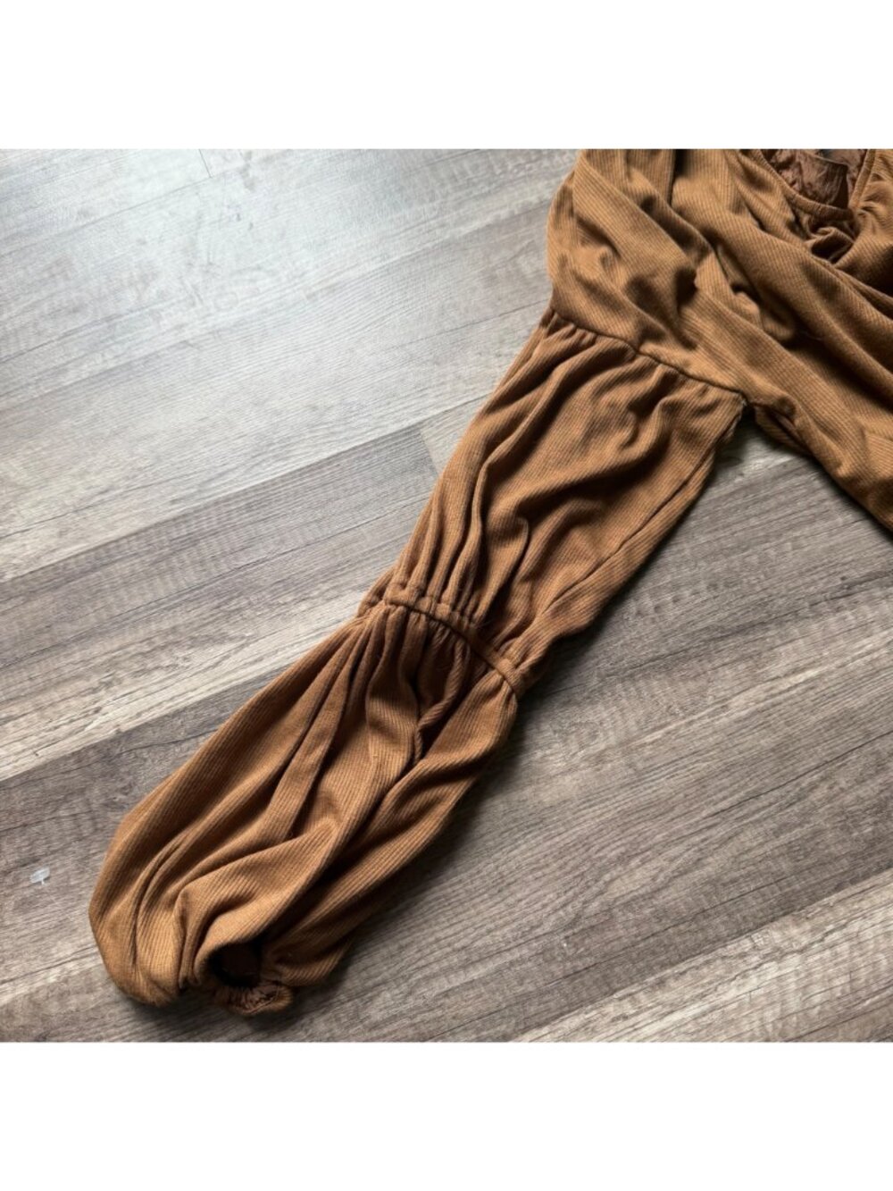 Brown Long-Sleeve Cropped Top By FP Movement With Ruched Sleeves & Button Detail - Picture 7 of 7